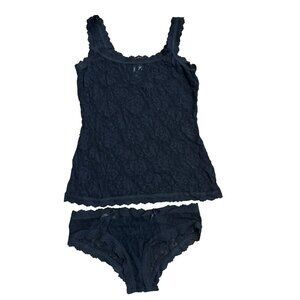 Hanky Panky Black Stretch Lace Lingerie Set Tank Top Boyshort Panty Camisole